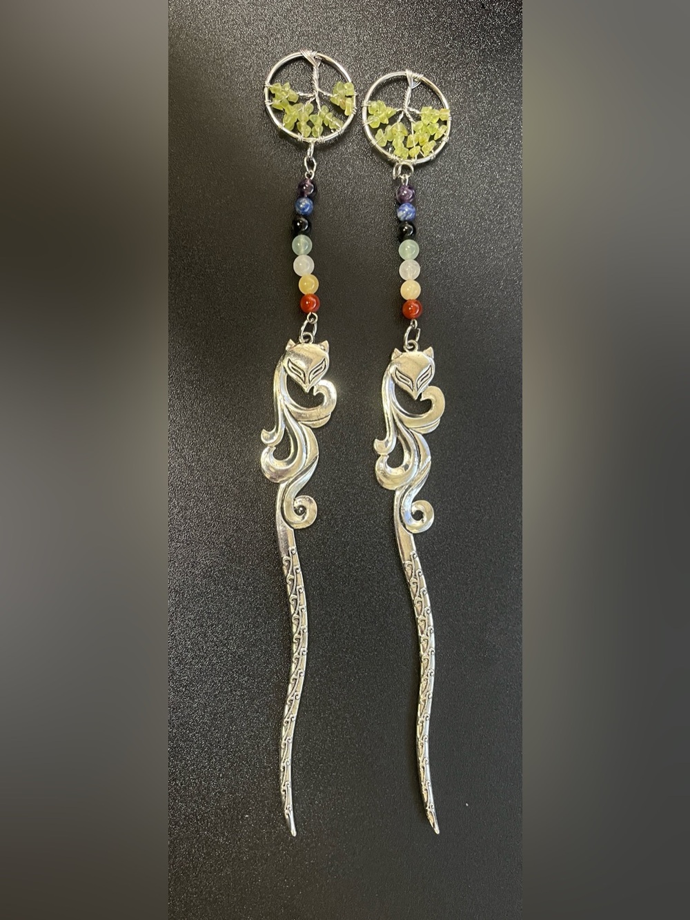 Peridot Tree of Life Fox Hair Stick Bookmark | Chakra Crystal Metal Bookmark